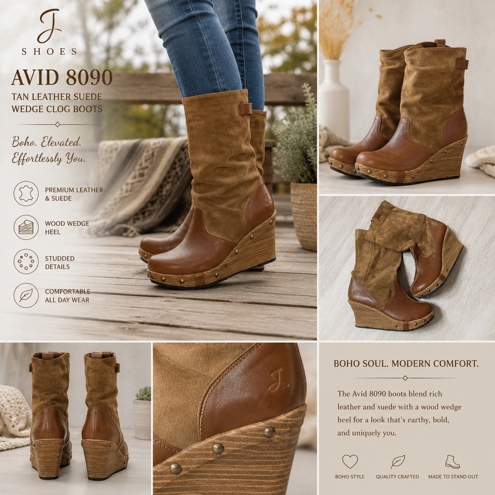 J. Shoes Avid 8090 Tan Leather Suede Wood Wedge Clog Boots Womens Studded Boho10